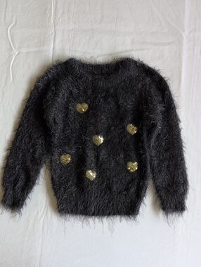 Max Toddler Girl Fluffy Knit Sweater 2T 3T Gray Gold Sequin Heart Metallic Fall